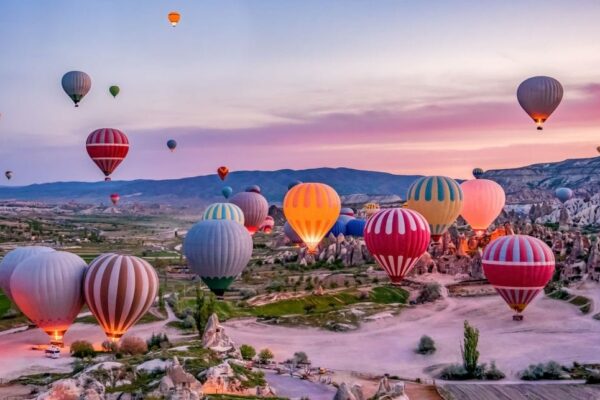 Colorful hot air balloons before launch in Goreme national park, Cappadocia, Turkey